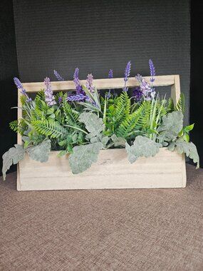 Whitewash Rustic Wood Planter Box With Handle And Faux Purple Flowers & Greenery